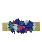 Cinturón elástico color dorado de brillo con flores artesanales en tonos azul